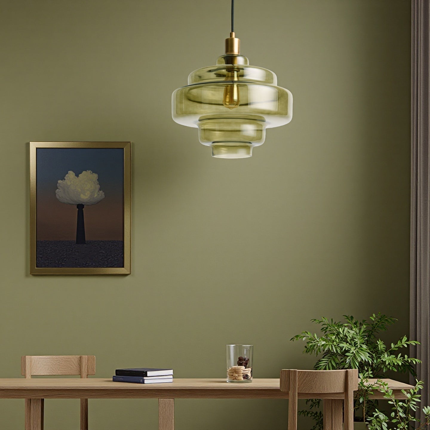 Olive Green Handblown Glass Pendant Lamp - Multi Tiered Hanging Lamp