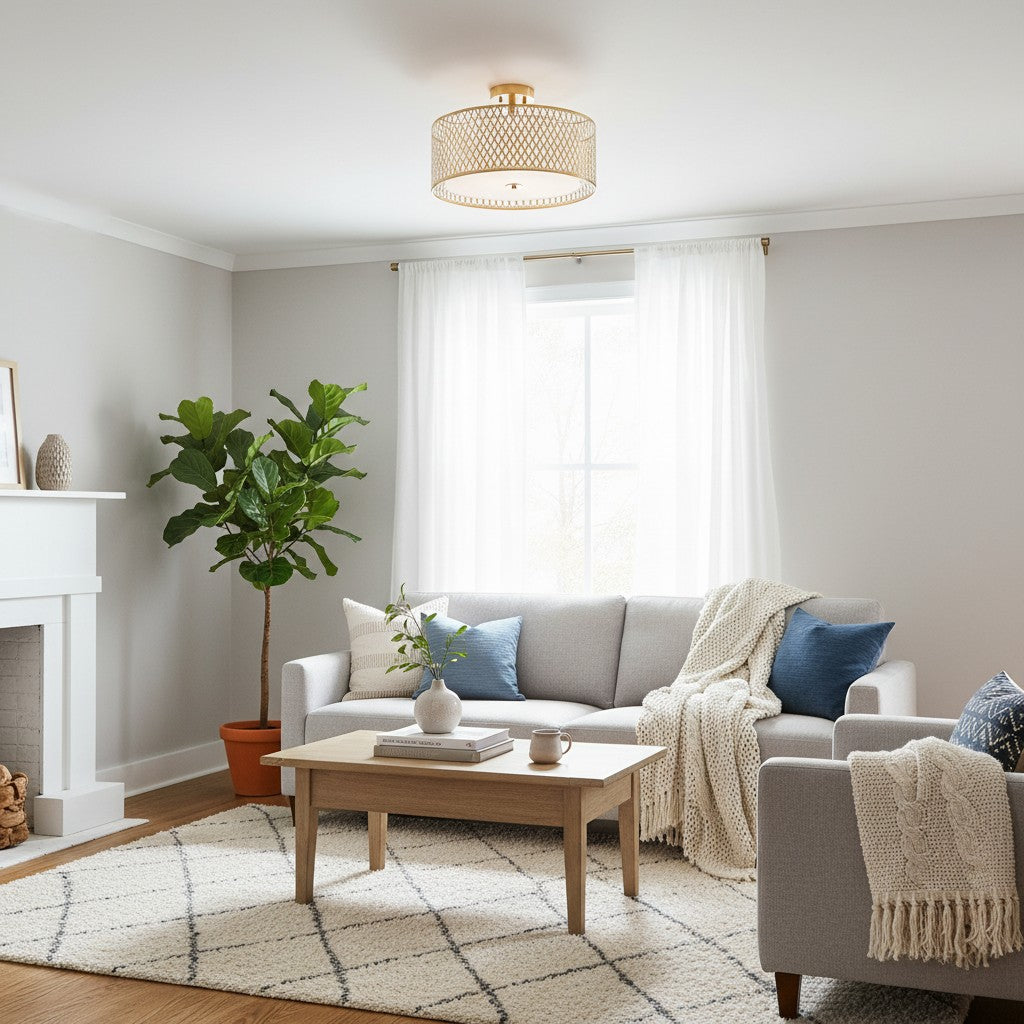 Liorin Geometric Mesh 3‑Light Flush Ceiling Light - Mesh Metal Frosted Glass Lamp for Living Room or Hallway