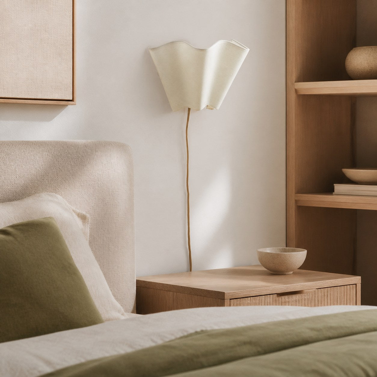 Oslan Modern Plug-In Sconce - Scalloped Ivory Linen Shade Wall Lamp