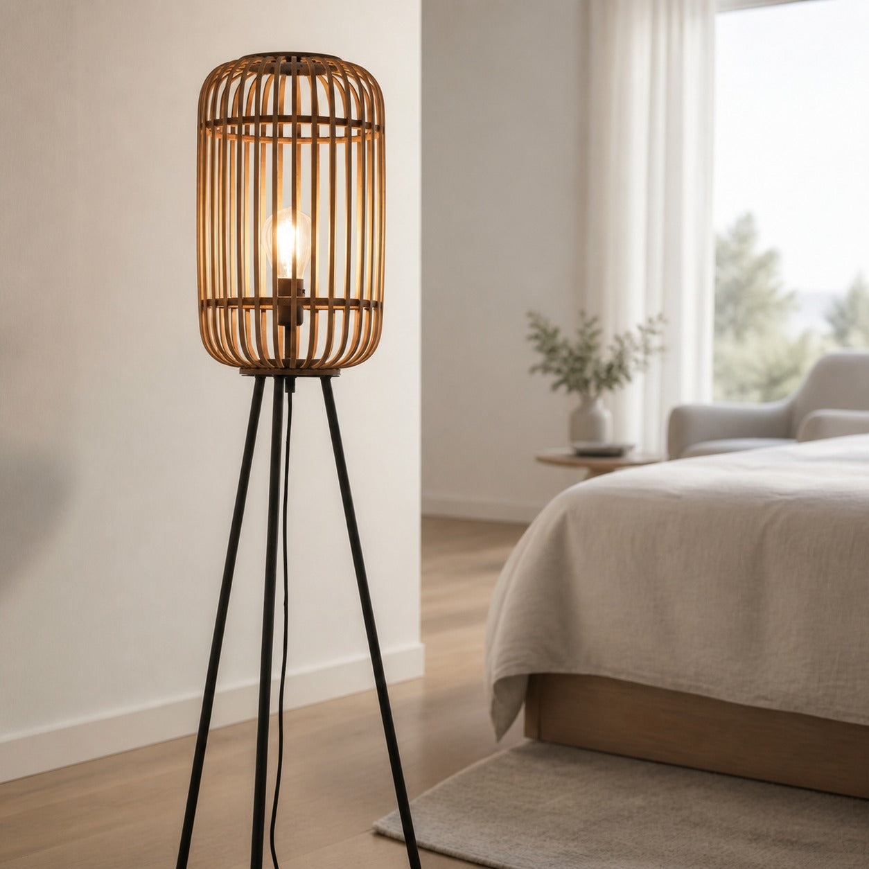 Yumeko Natural Woven Floor Lamp – Modern Scandi Bamboo Shade Standing Lamp for Bedrooms or Living Rooms