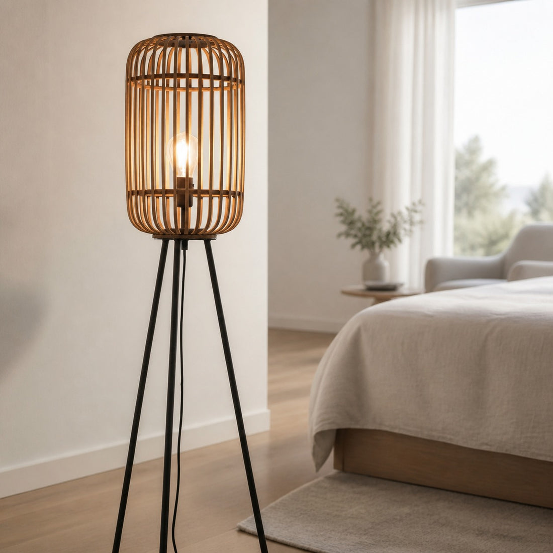 Yumeko Natural Woven Floor Lamp – Modern Scandi Bamboo Shade Standing Lamp for Bedrooms or Living Rooms