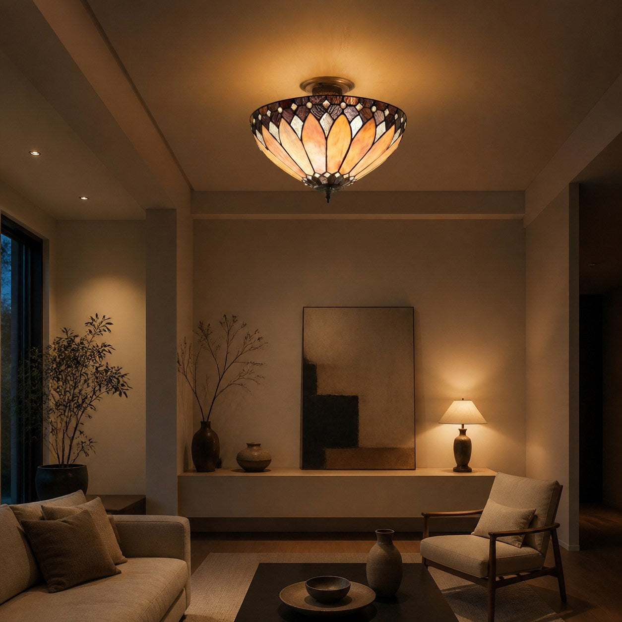TF Brooklyn Tiffany Semi-flush Ceiling Light - Geometric Glass Shade for Hallways or Living Rooms