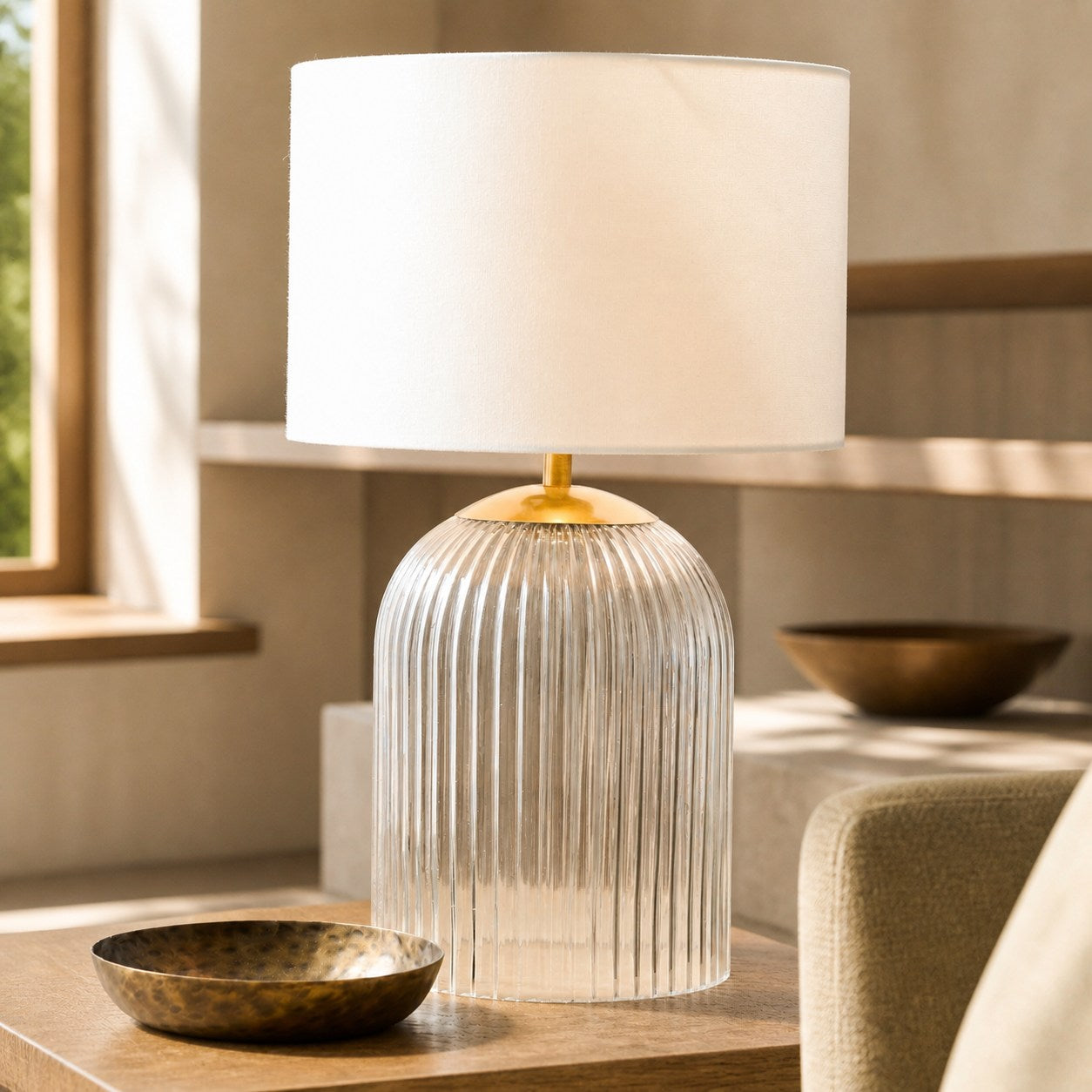 Bravira Ribbed Glass Table Lamp - Modern Lighting with Linen Shade