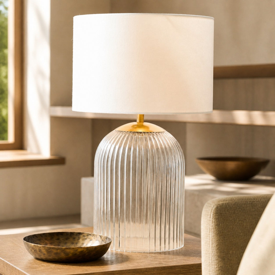 Bravira Ribbed Glass Table Lamp - Modern Lighting with Linen Shade