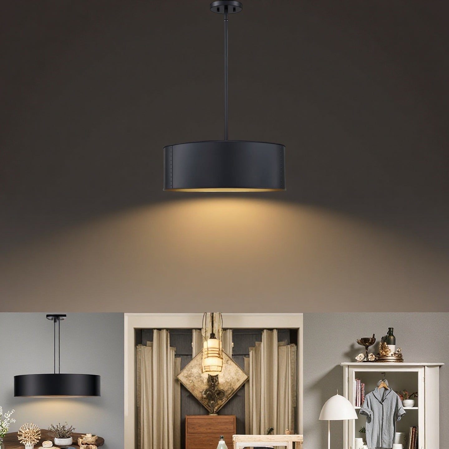 Black Metal Drum Pendant Lamp - Industrial 4 - Light Chandelier