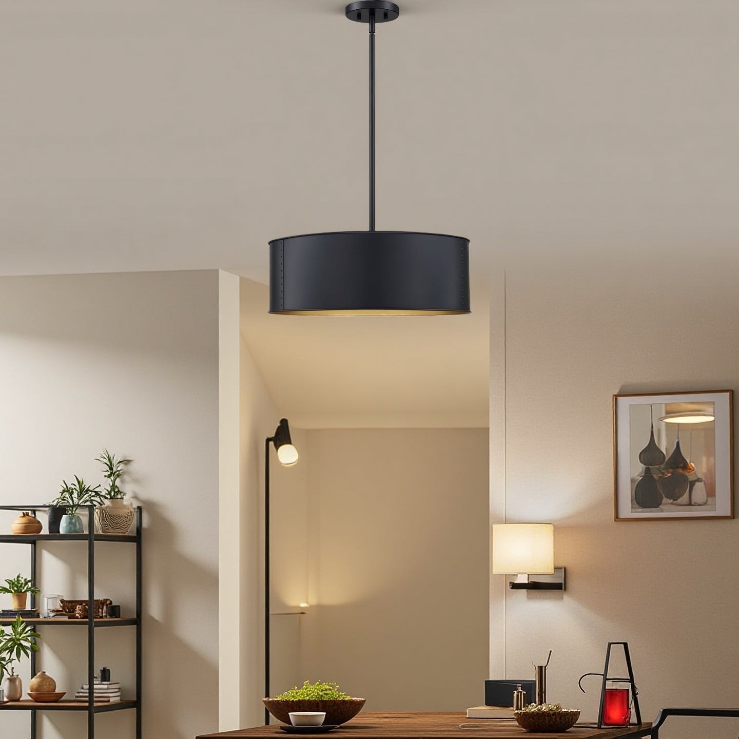 Black Metal Drum Pendant Lamp - Industrial 4 - Light Chandelier