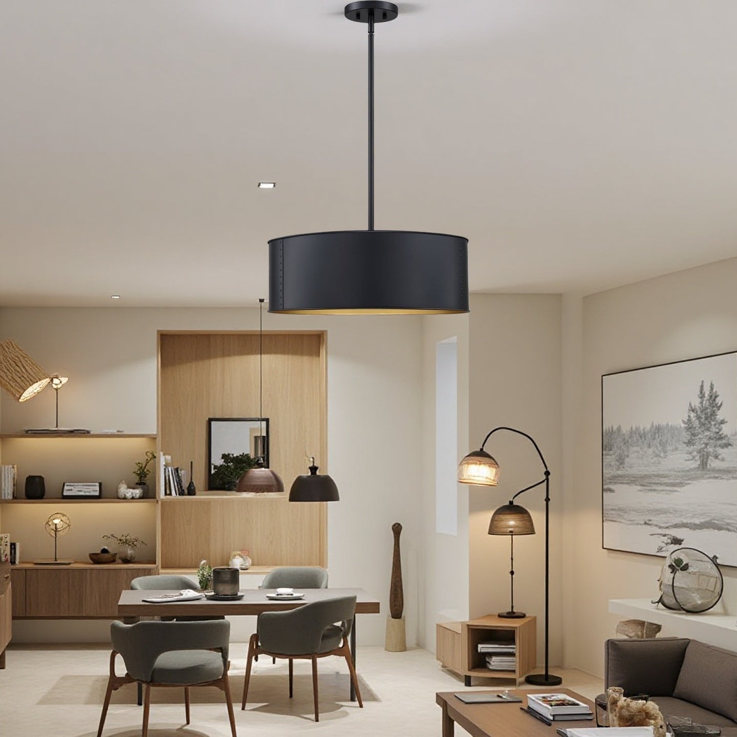 Black Metal Drum Pendant Lamp - Industrial 4 - Light Chandelier