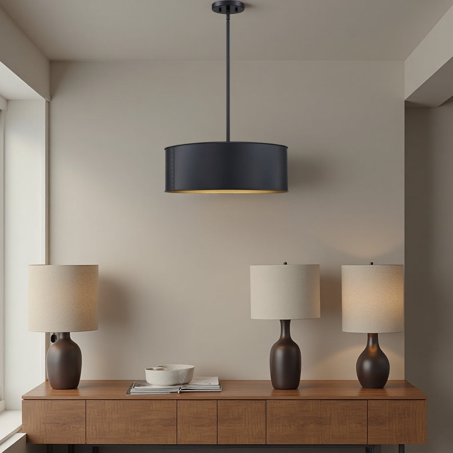 Black Metal Drum Pendant Lamp - Industrial 4 - Light Chandelier