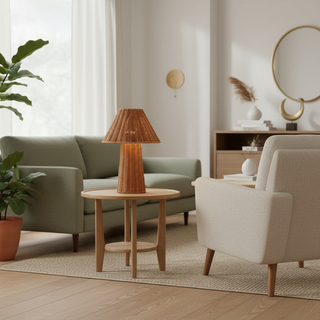 Wickara Sculptural Rattan Mini Table Lamp - Natural Woven Finish Suitable for Side Tables & Entryways