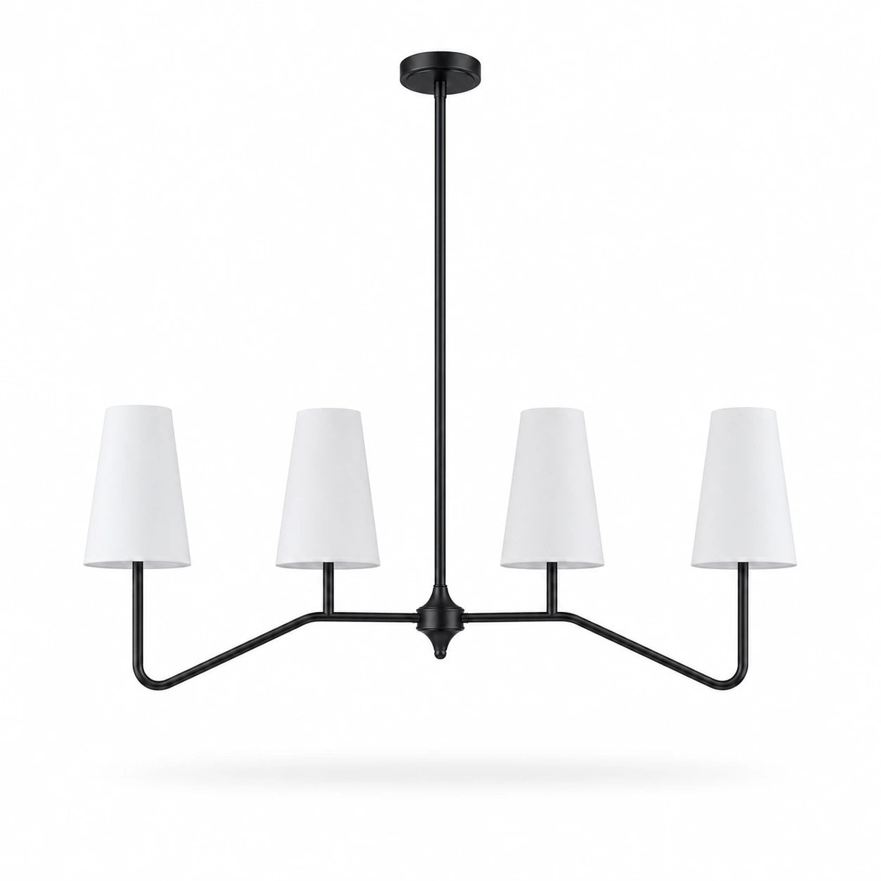 Strellux linear chandelier in black finish with white shades