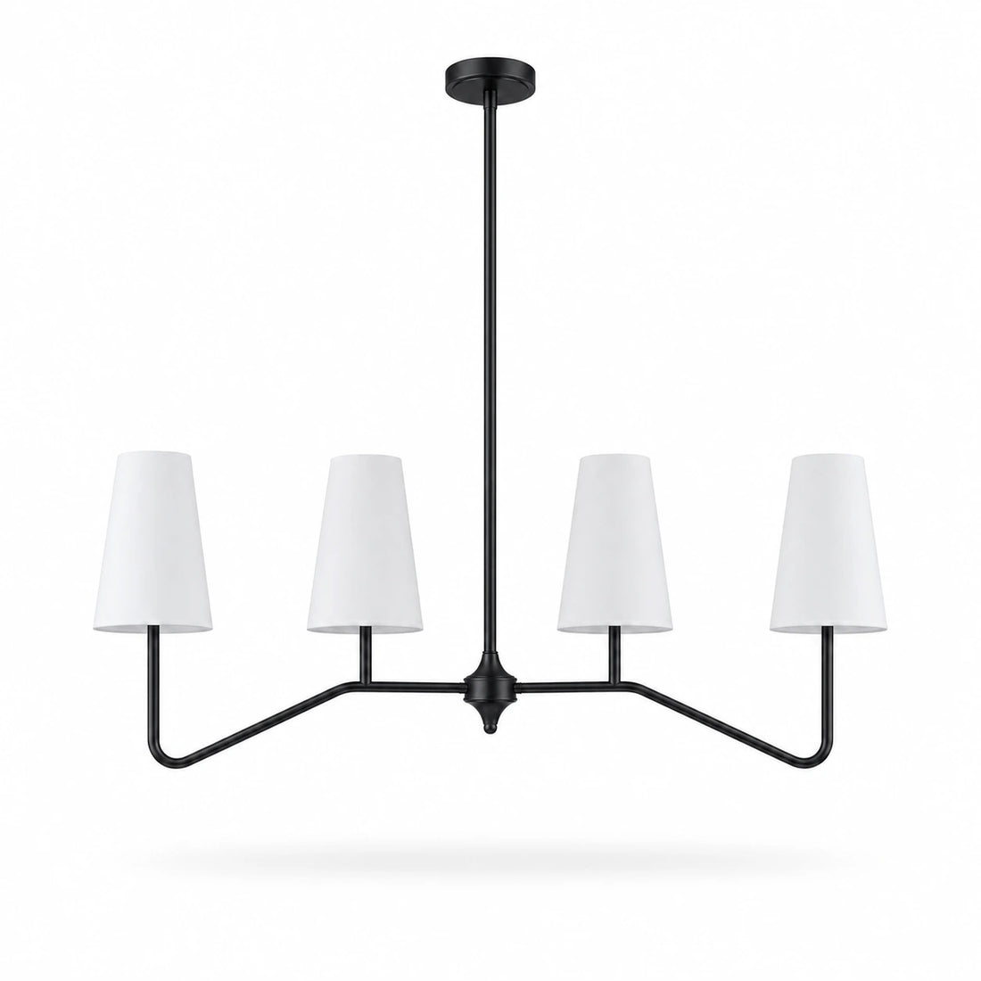 Strellux linear chandelier in black finish with white shades