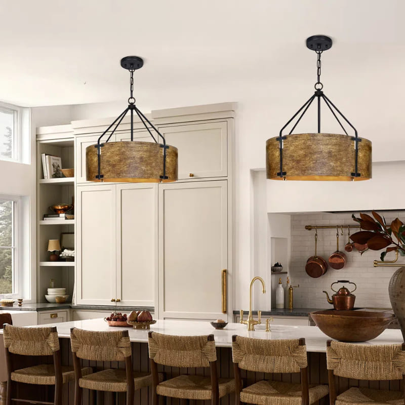 Industrial Bronze Drum Pendant Light – Rustic Metal 4 - Light Chandelier