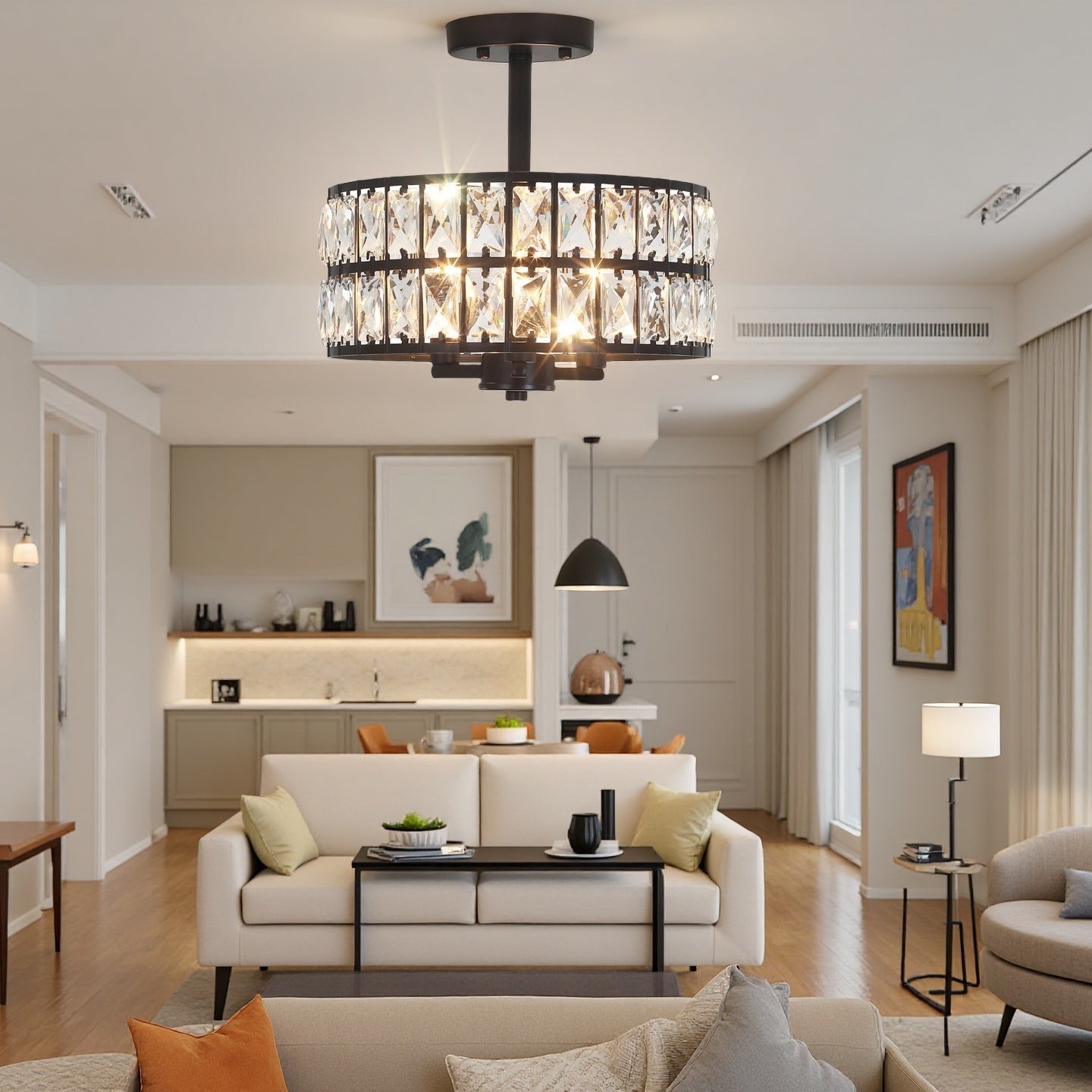 Crystal Drum Ceiling Light –  Glass Semi Flush Mount Lamp for Hallway