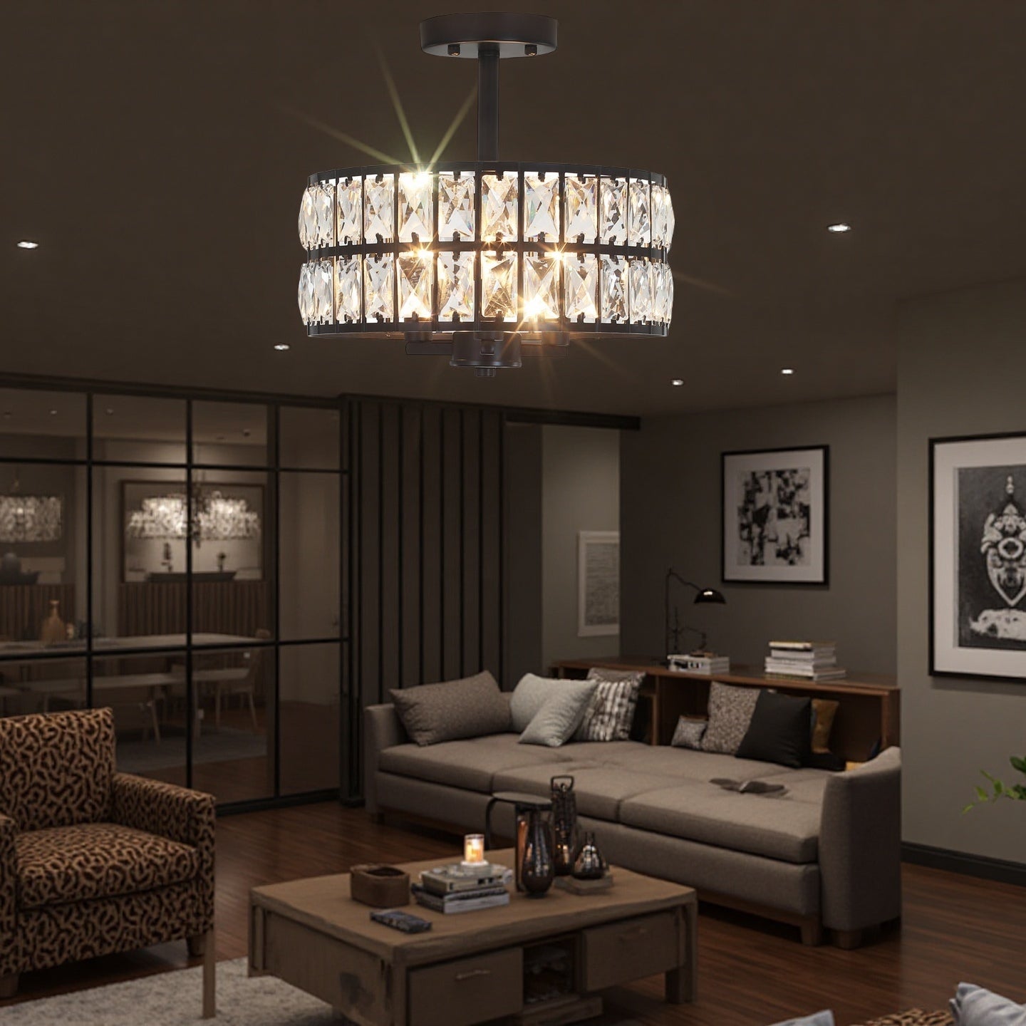 Crystal Drum Ceiling Light –  Glass Semi Flush Mount Lamp for Hallway