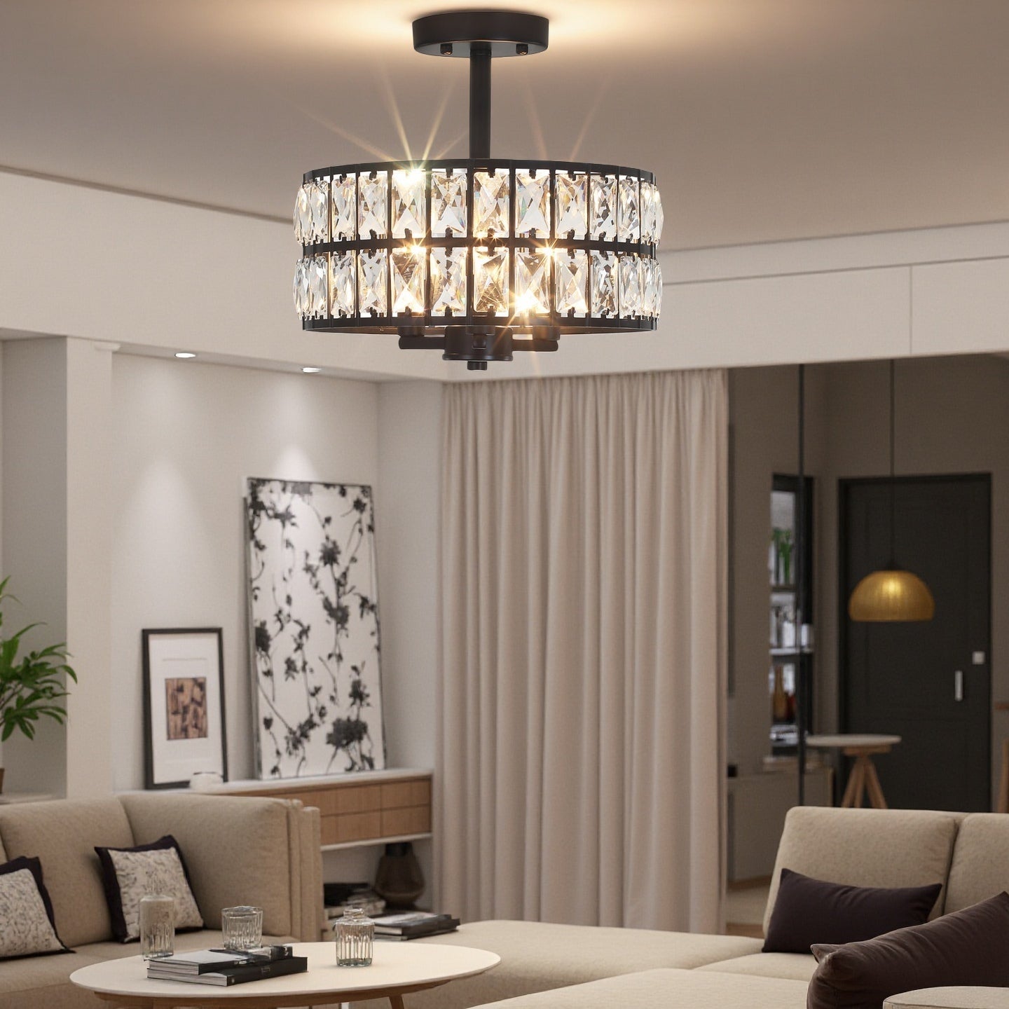 Crystal Drum Ceiling Light –  Glass Semi Flush Mount Lamp for Hallway