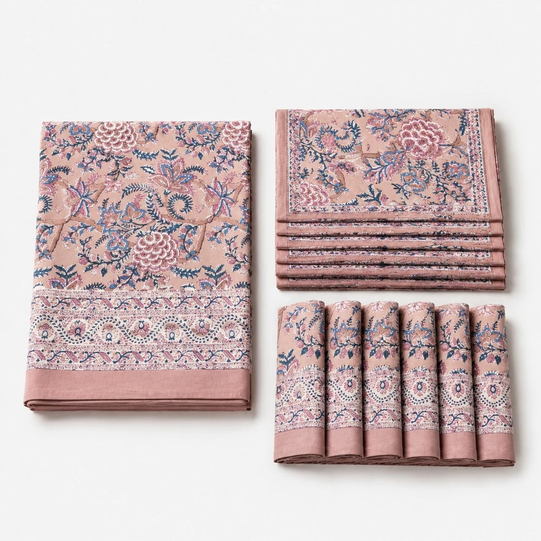 Folded rose mauve paisley floral cotton linen tablecloth set