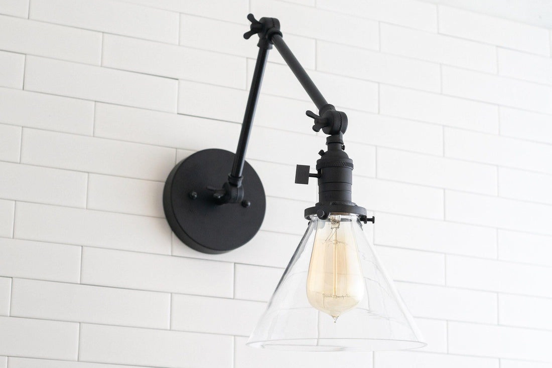Conique Metal Industrial Wall Sconce with Adjustable Arm - Vintage Glass Cone Shade