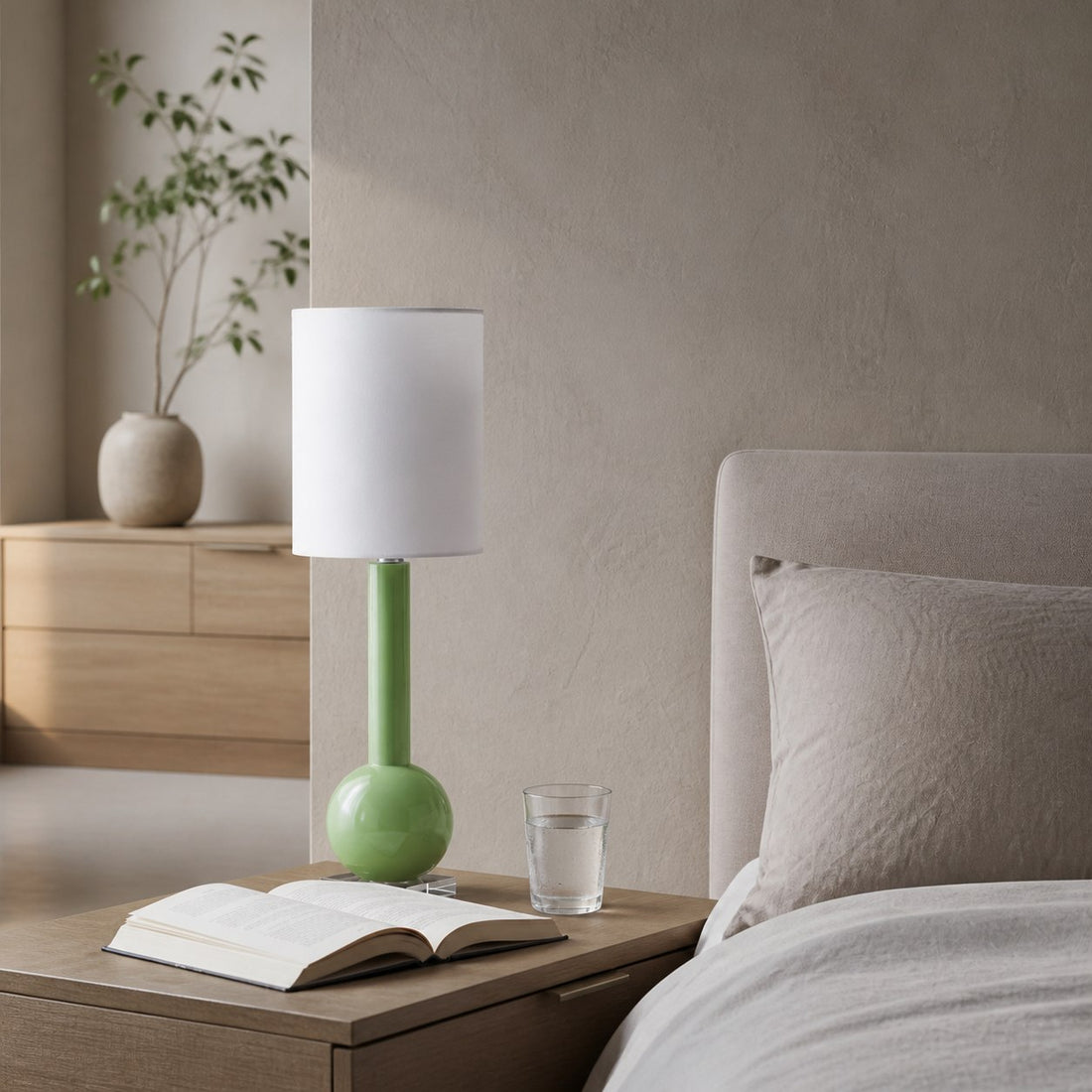 Savara Minimalist Table Lamp - Clean Glass Form with Fabric Shade for Bedrooms