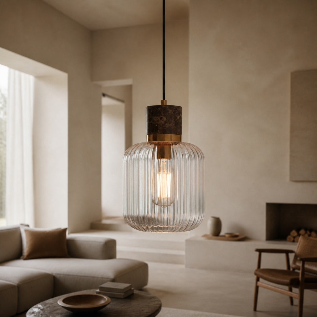 Korlisse Natural Stone and Glass Pendant Light – Stylish Lamp for Lounge or Living Room