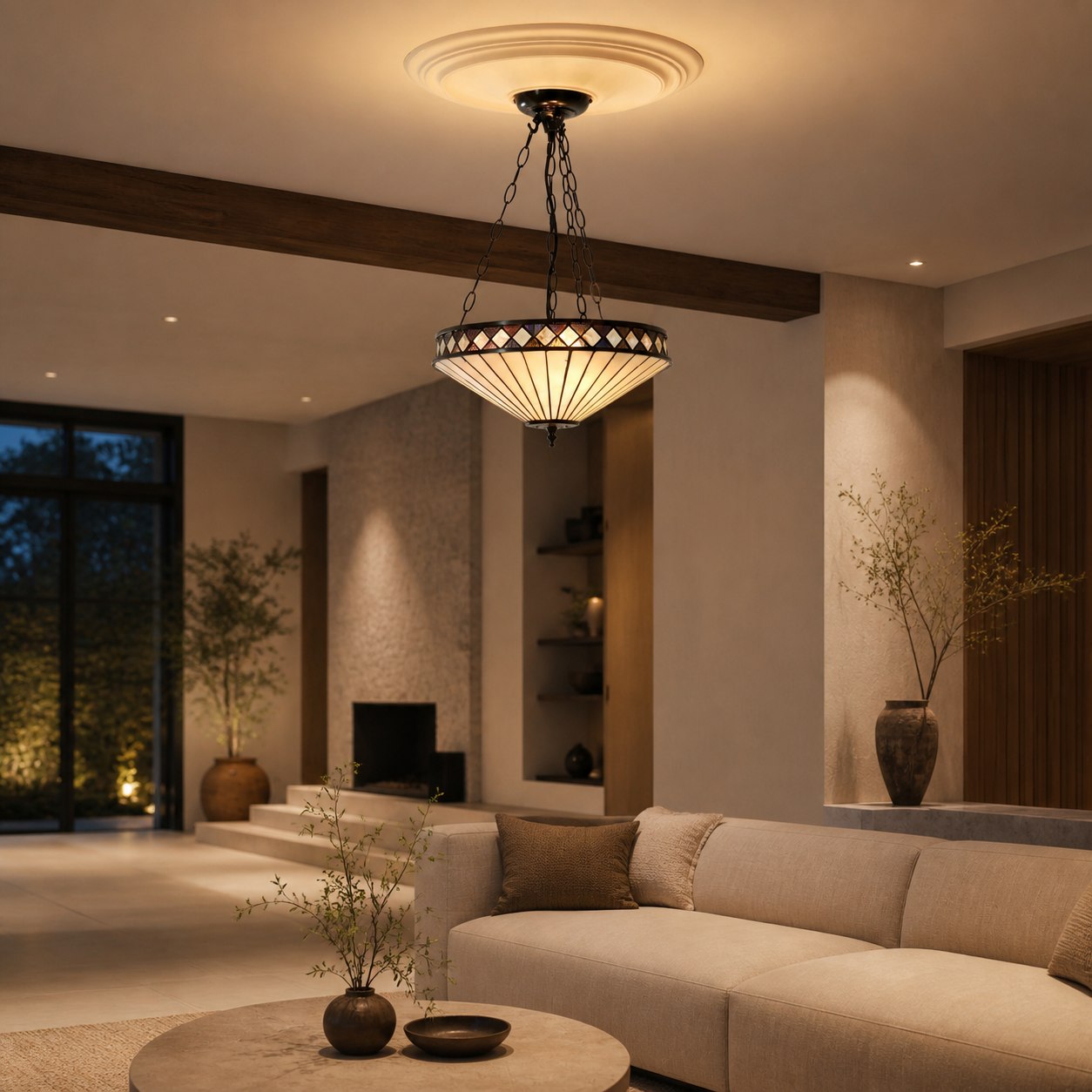 TF Fargo Adjustable Pendant with Stained-Glass Inspired Inverted Shade for Island and Dining