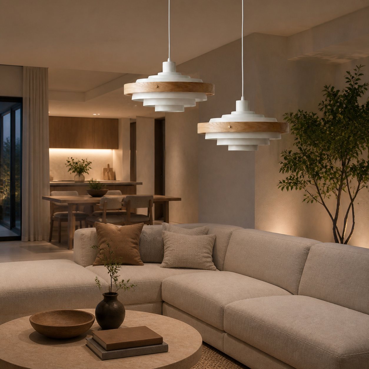 Layervelle Contemporary Tiered Pendant Light – Sculptural Wood and Metal Hanging Lamp for Living Spaces