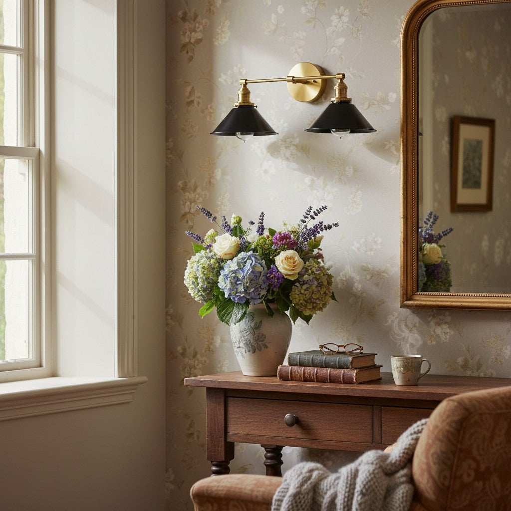 Conique Metal Dual Black Sconce with Cone Shades - Industrial Vanity Wall Light for Mirror