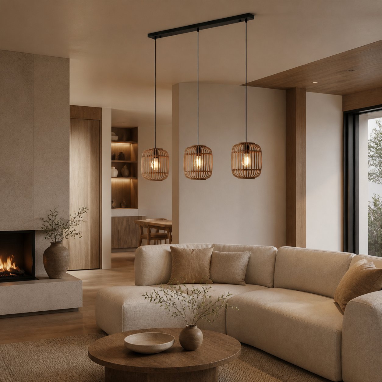 Yumeko Adjustable Bamboo Pendant Lamp - Natural Cage Ceiling Light Perfect for Living & Dining Rooms