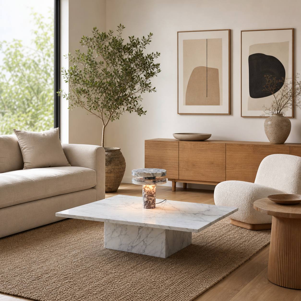 Modern Sculptural Table Lamp with Cylindrical Base Design for Bedroom Bedside and Living Room Use