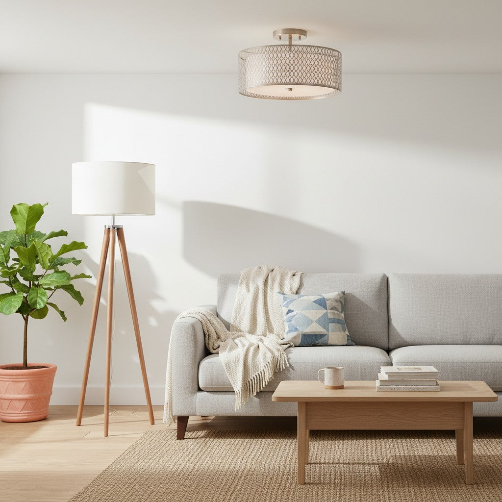 Liorin Geometric Mesh 3‑Light Flush Ceiling Light - Mesh Metal Frosted Glass Lamp for Living Room or Hallway