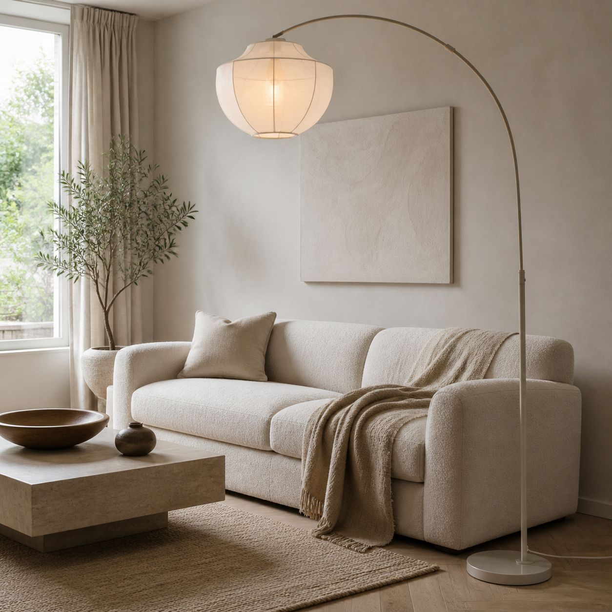 Lumifil Arc Floor Lamp Textile Mesh Shade - Metal Stand for Soft Ambient Living Room Lighting