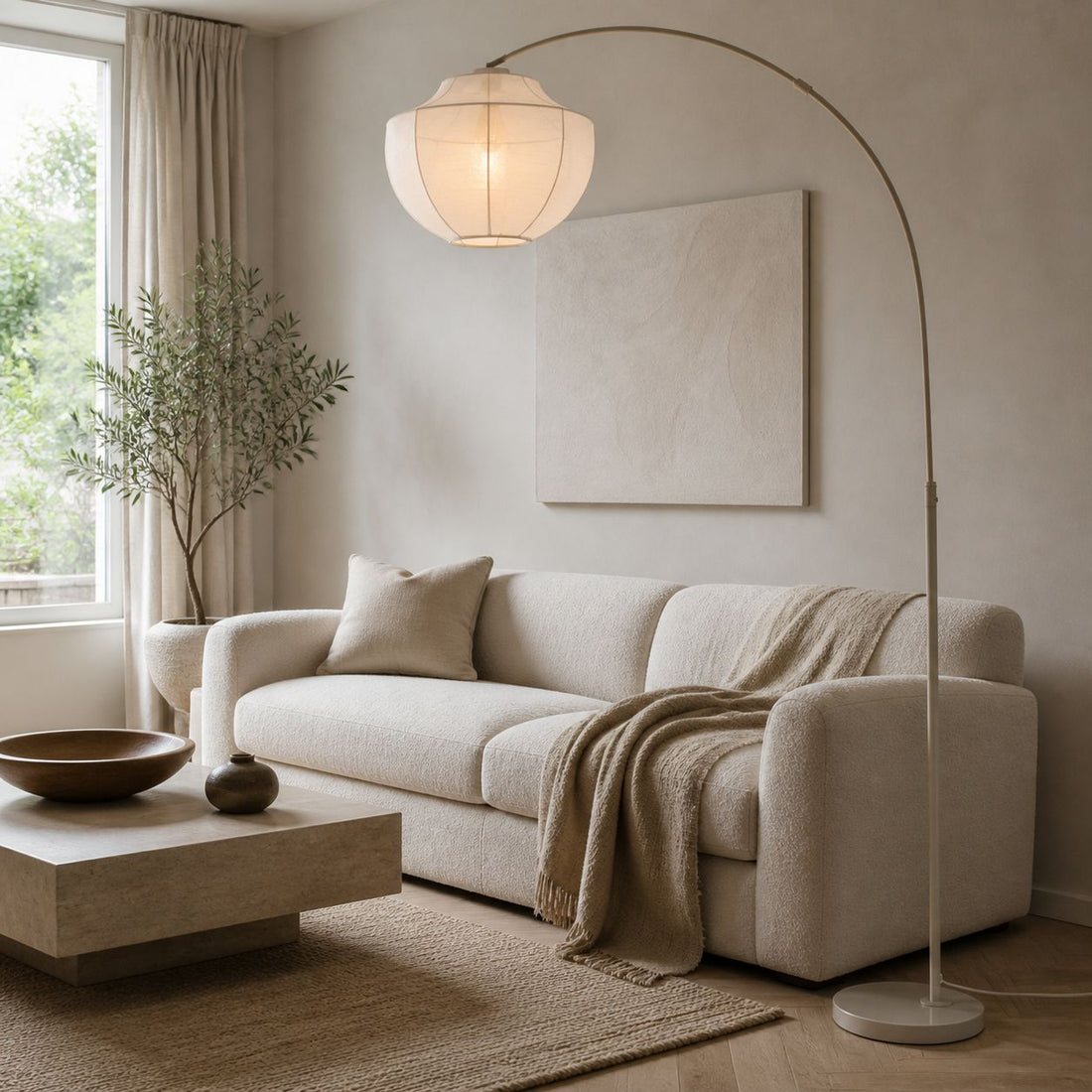 Lumifil Arc Floor Lamp Textile Mesh Shade - Metal Stand for Soft Ambient Living Room Lighting