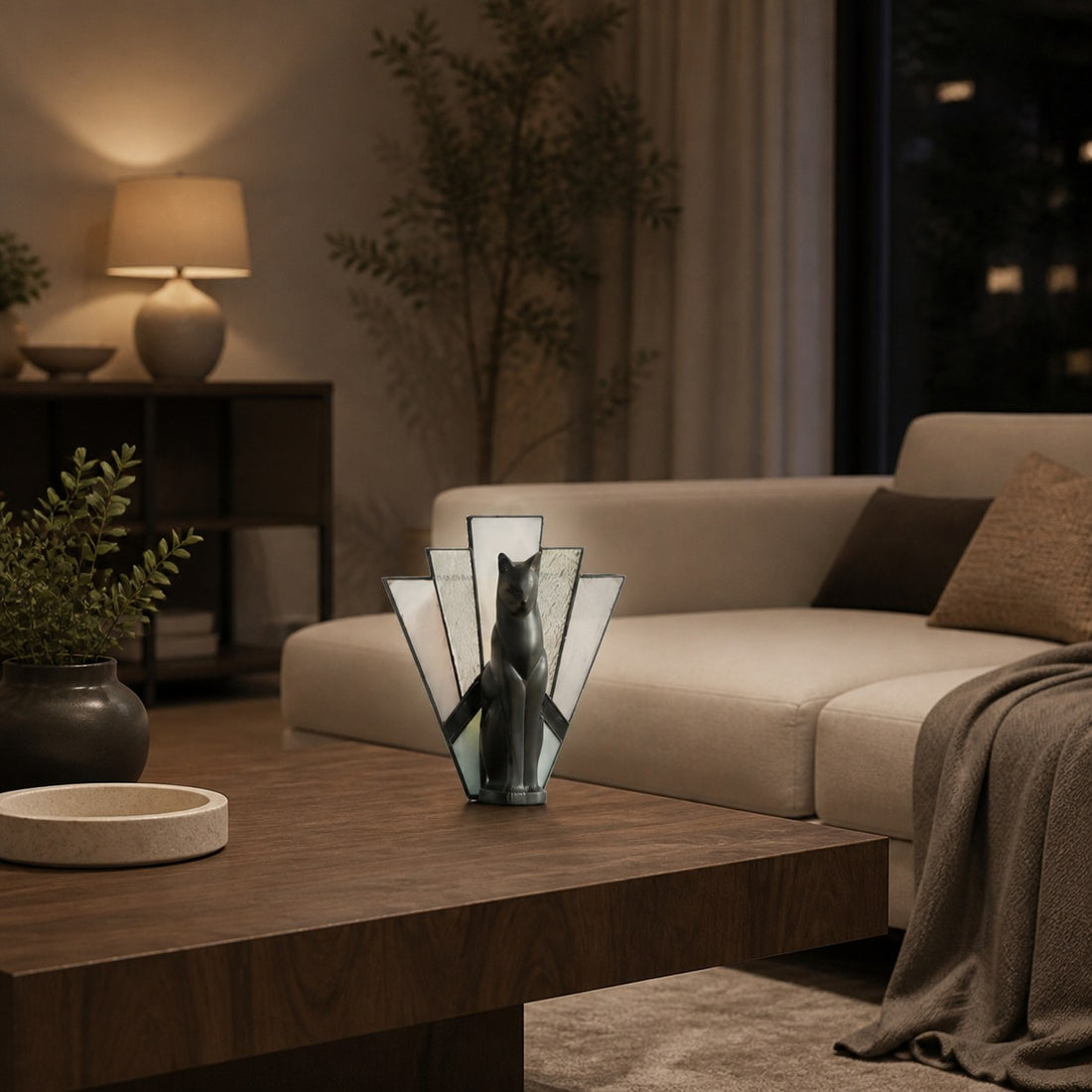 TF Felix Table Lamp – Art Deco Design with Glass Shade and Cat Figurine for Living Room or Bedroom