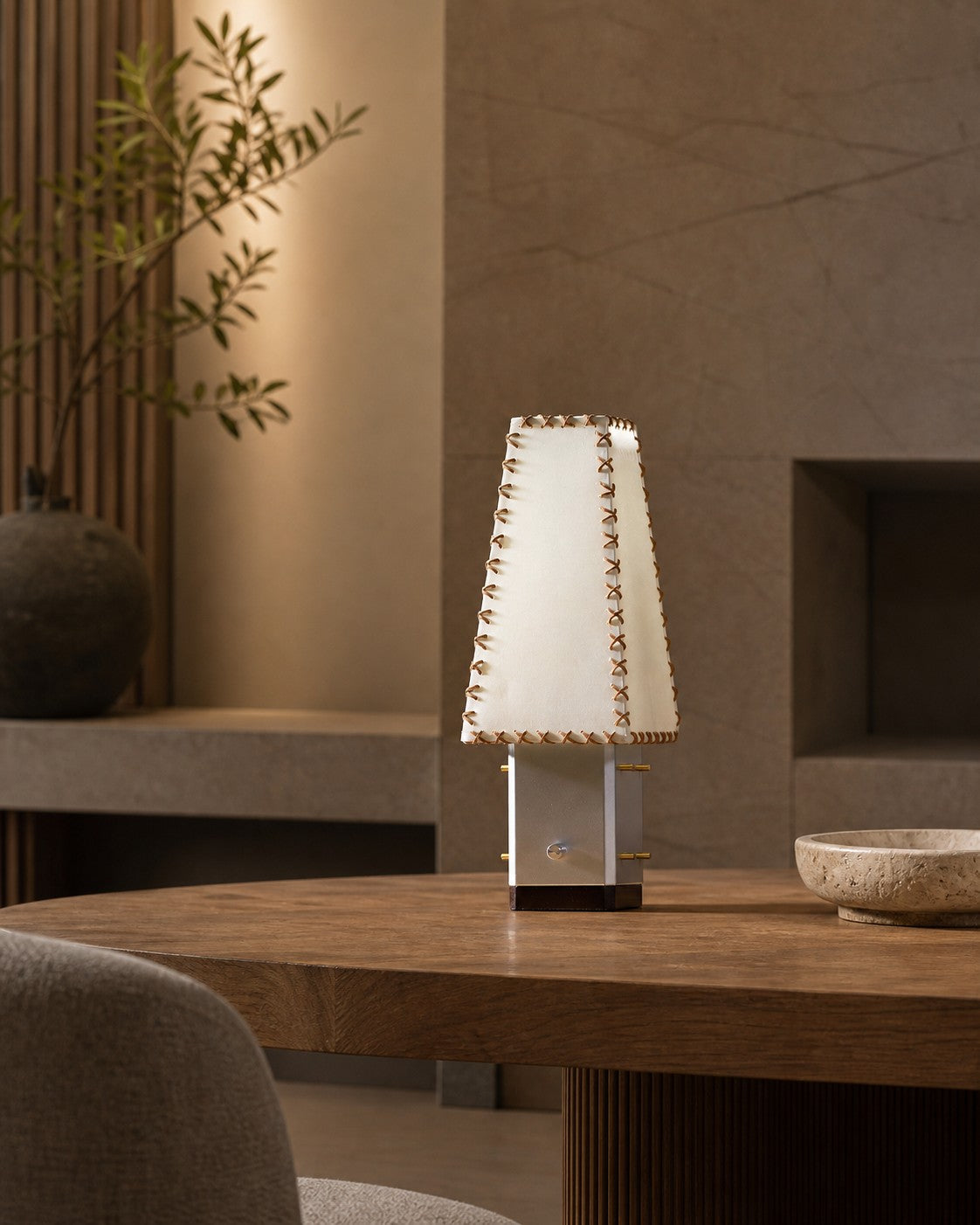 Modern Geometric Metal Table Lamp – Parchment Shade for Bedroom Nightstand Lighting
