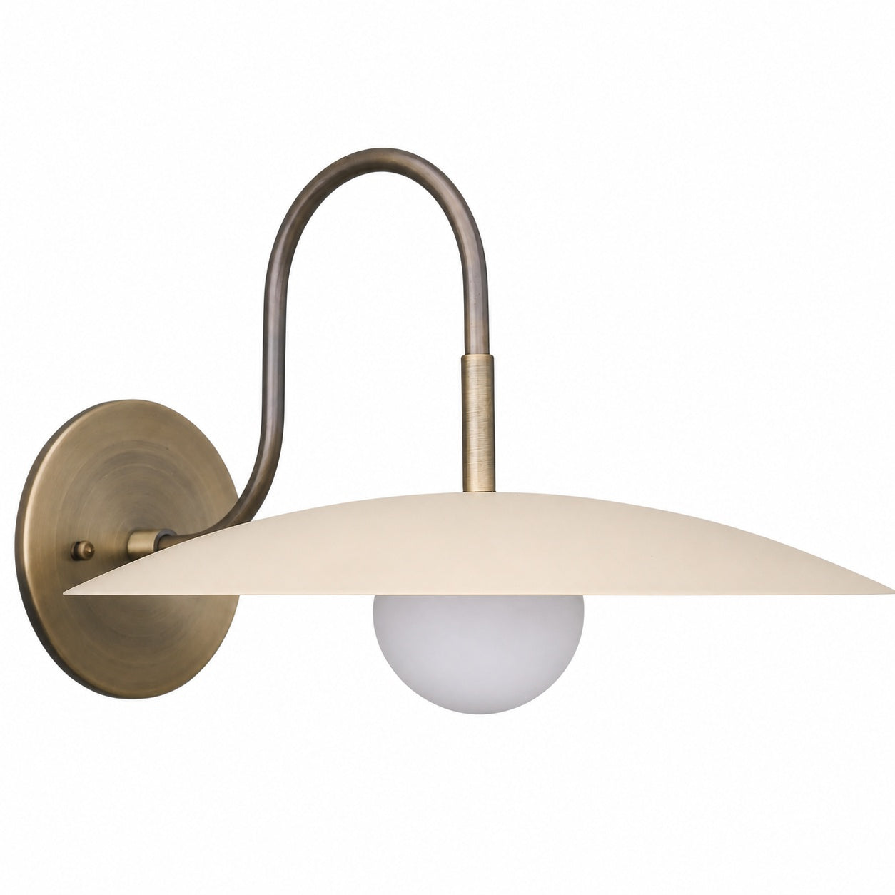 Curva Metal Modern Wall Sconce - Antique Brass Arm with Cream Disc Shade