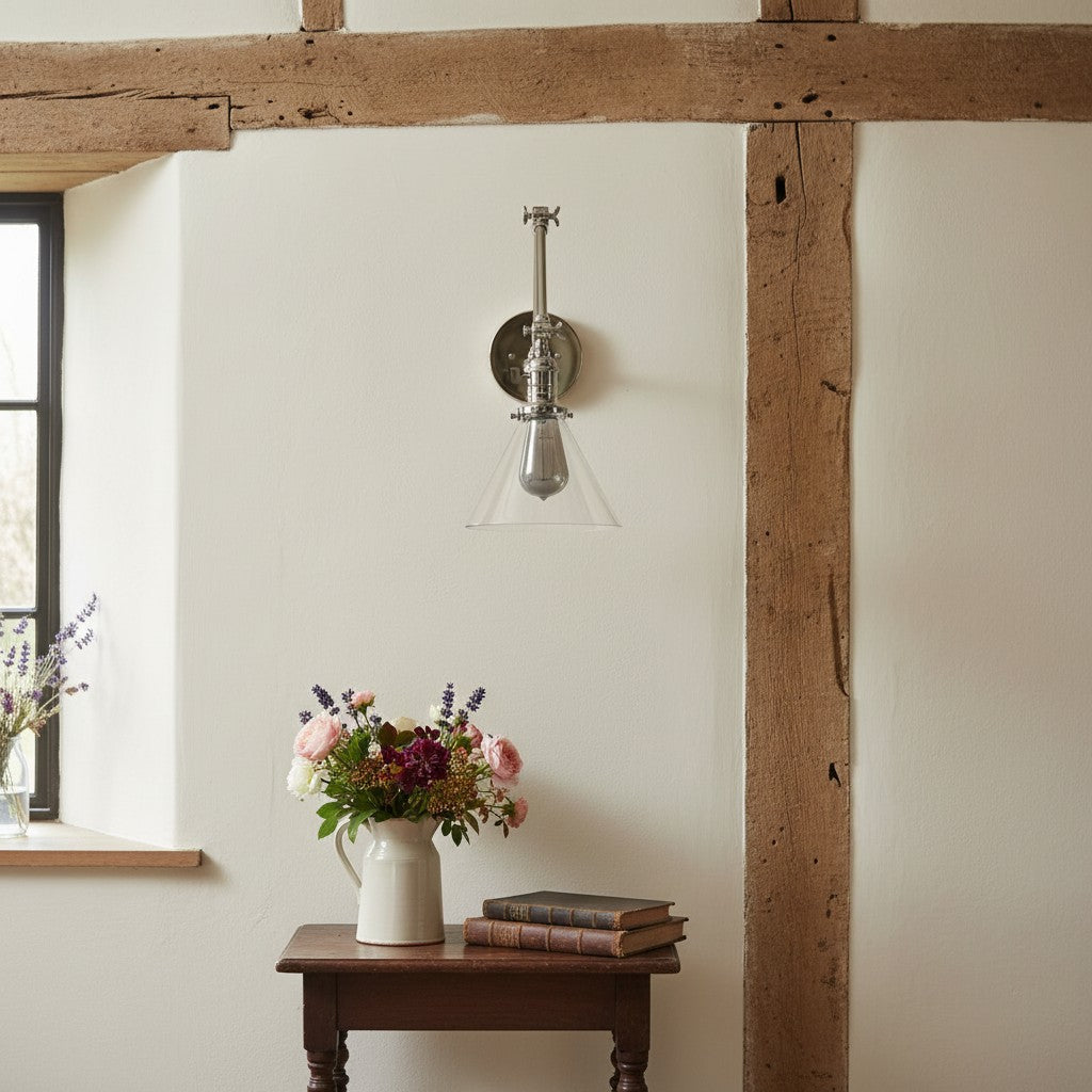 Conique Metal Industrial Wall Sconce with Adjustable Arm - Vintage Glass Cone Shade