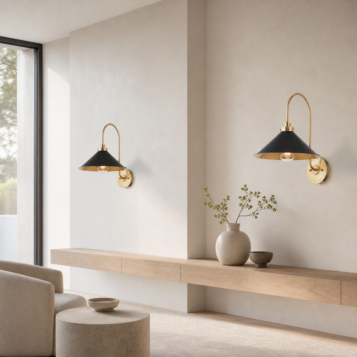 Ivoran Brass Gooseneck Wall Sconce - Curved Arm Dome Shade Light for Bedroom and Hallway