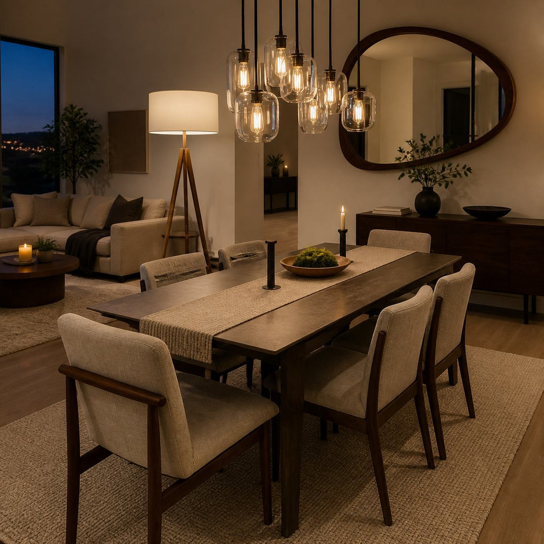 Lumivelle Sculptural 7-Light Chandelier – Adjustable Height Modern Glass Pendant