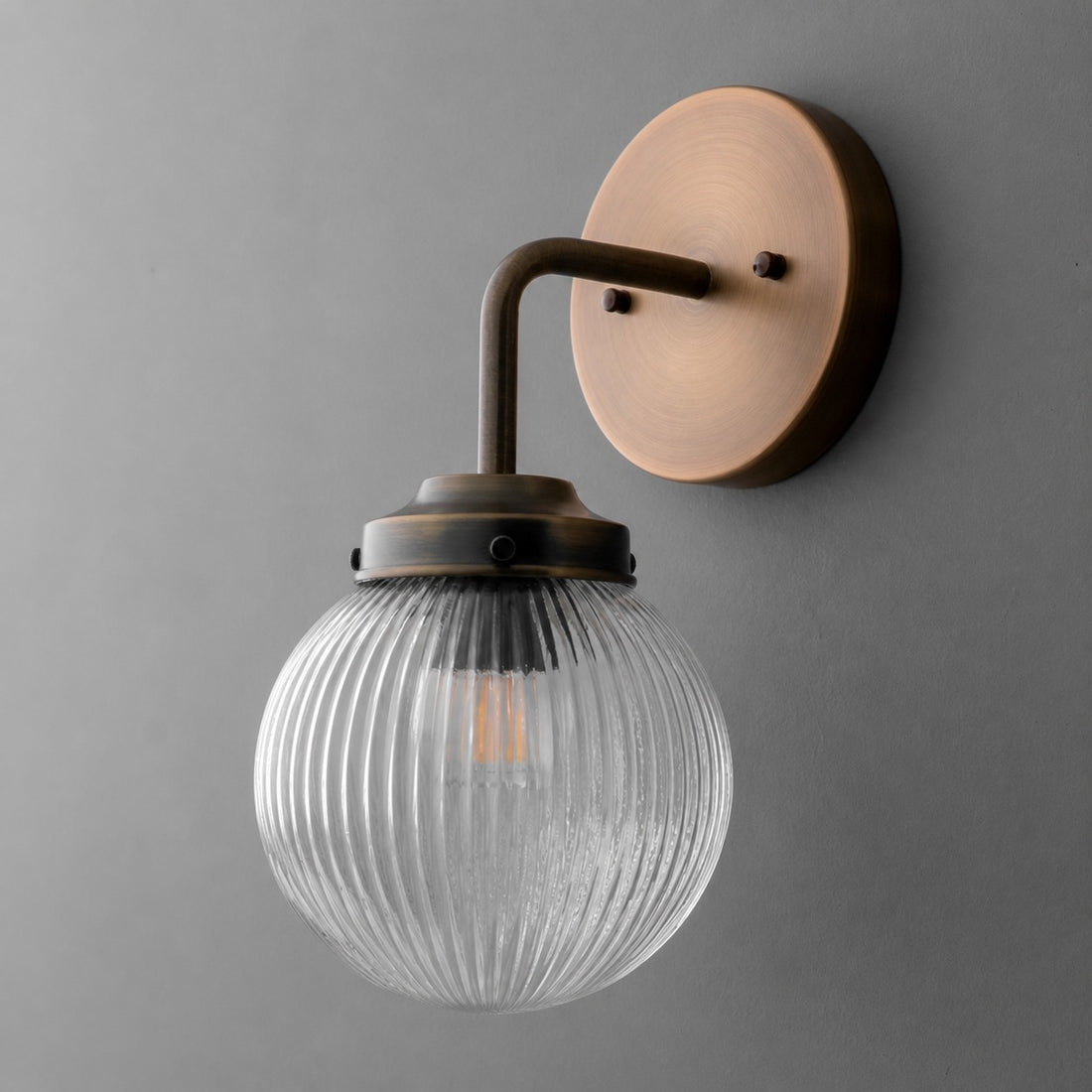 Glorica Glass Aged Brass Wall Sconce - Ribbed Glass Shade Industrial Style Lighting