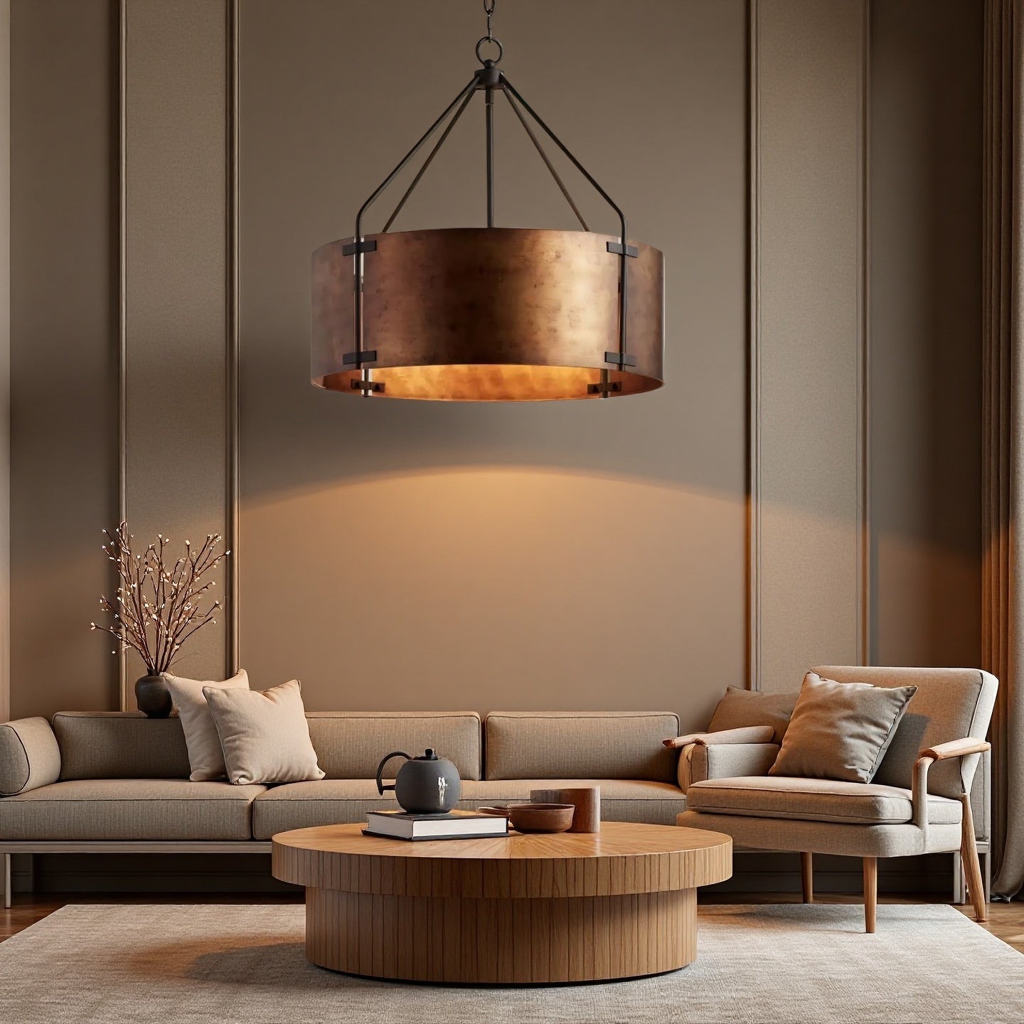 Industrial Bronze Drum Pendant Light – Rustic Metal 4 - Light Chandelier