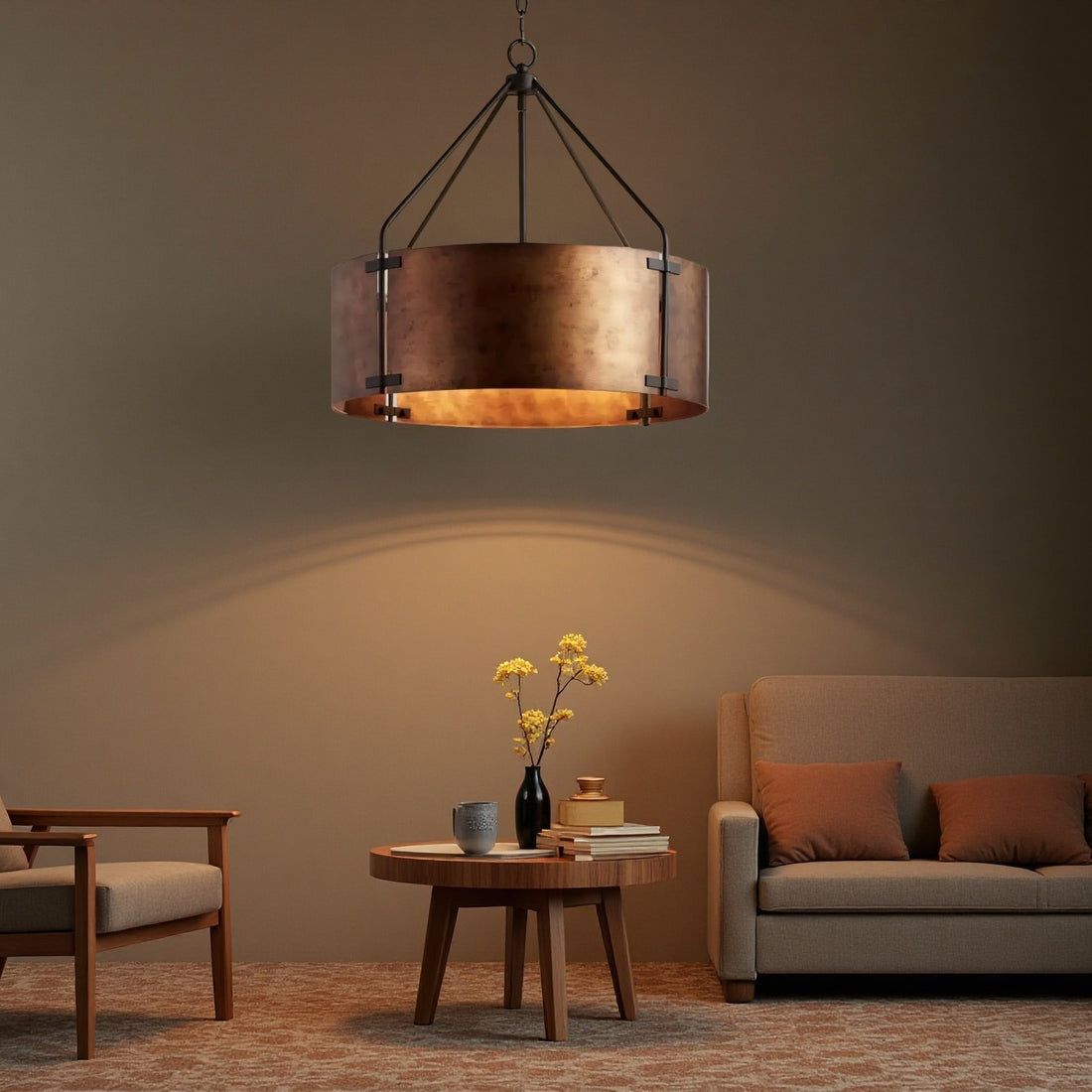 Industrial Bronze Drum Pendant Light – Rustic Metal 4 - Light Chandelier