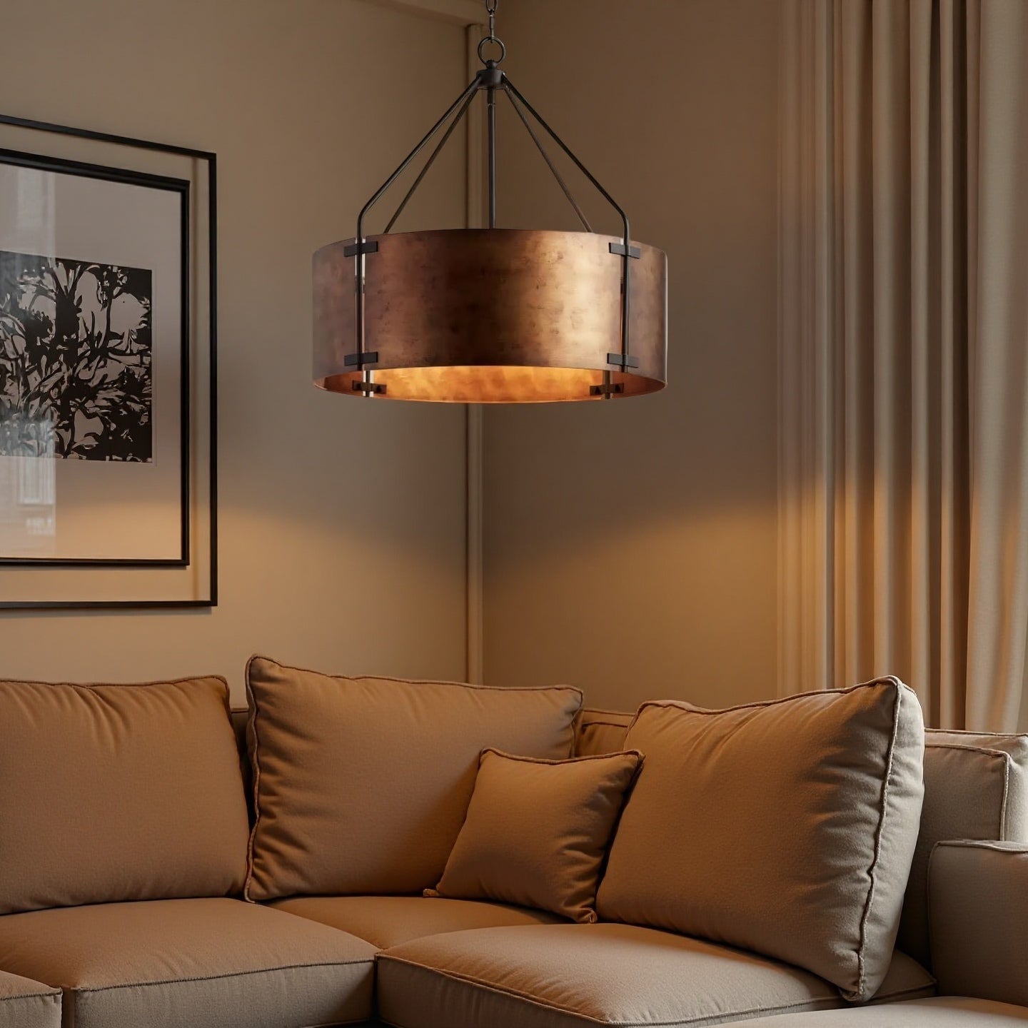 Industrial Bronze Drum Pendant Light – Rustic Metal 4 - Light Chandelier