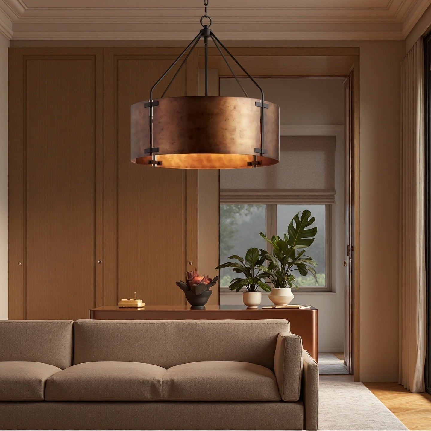 Industrial Bronze Drum Pendant Light – Rustic Metal 4 - Light Chandelier