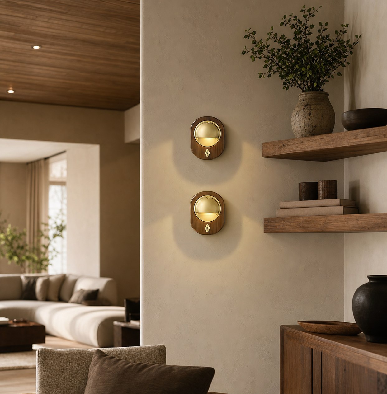 Ivoran Modern Wall Sconce - Ash Wood and Brass Spherical Lamp for Bedroom and Hallway
