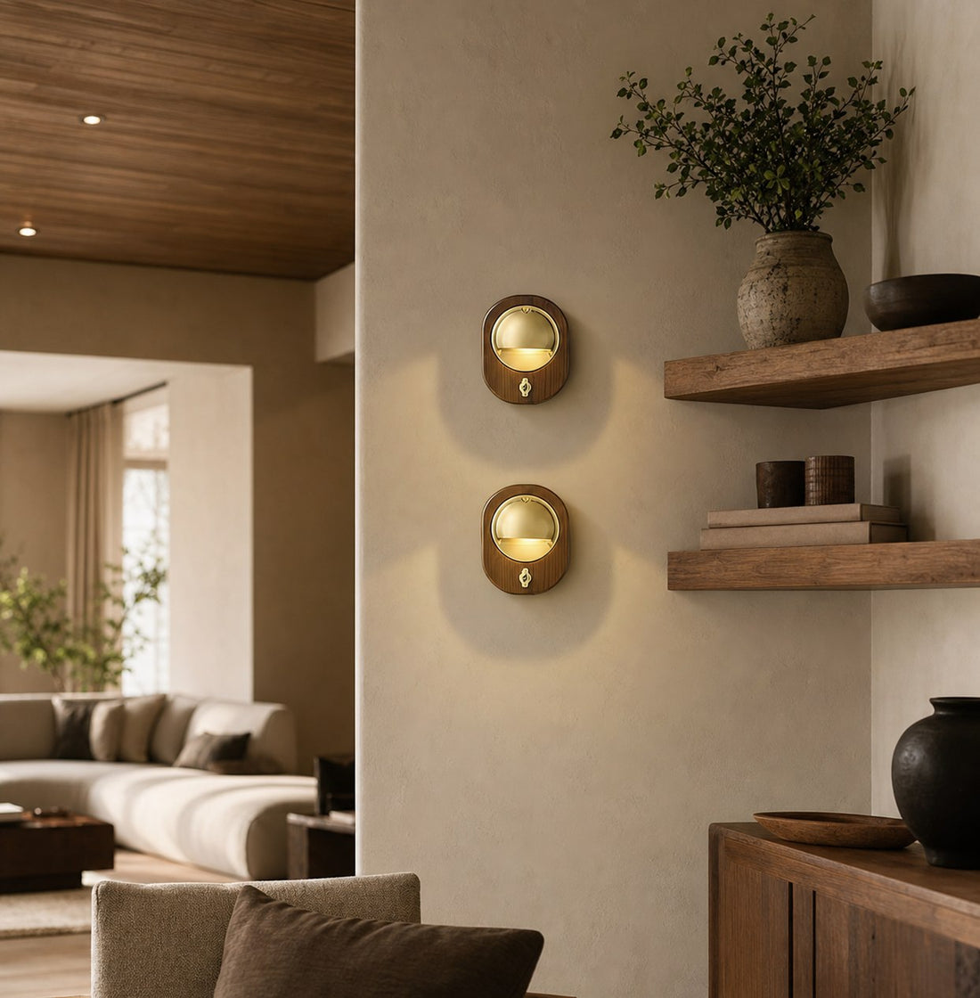 Ivoran Modern Wall Sconce - Ash Wood and Brass Spherical Lamp for Bedroom and Hallway
