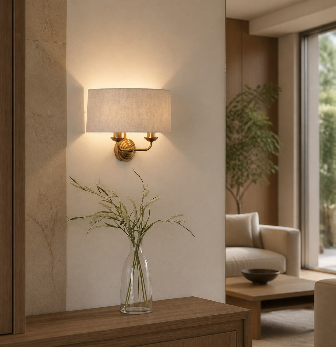 Tela Classic Wall Sconce with Fabric Shade – Elegant Metal Finish Wall Light for Living Room / Bedroom