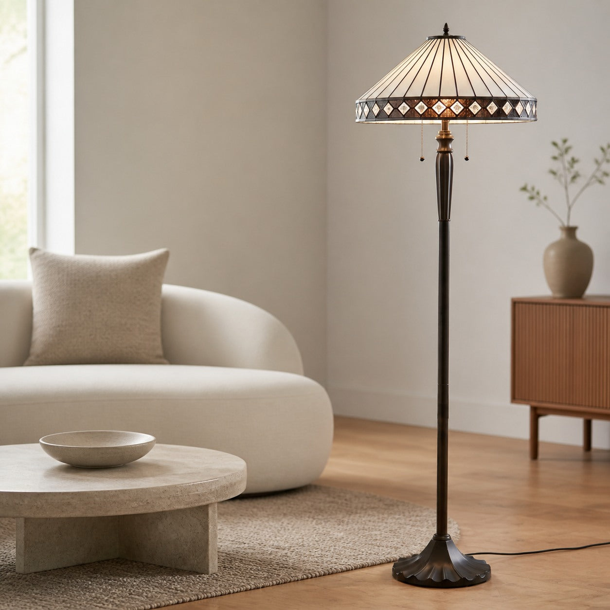 TF Fargo Geometric Tiffany Style Lamp — Amber and Cream Glass Accent Lighting for Bedroom or Study