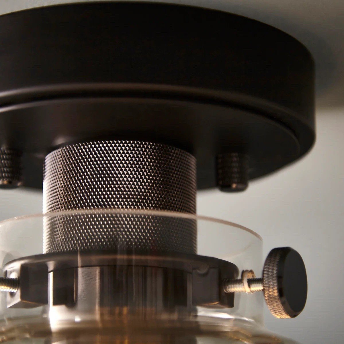 Ravion Knurled Chrome Ceiling Light Industrial Glass Shade - Living Room