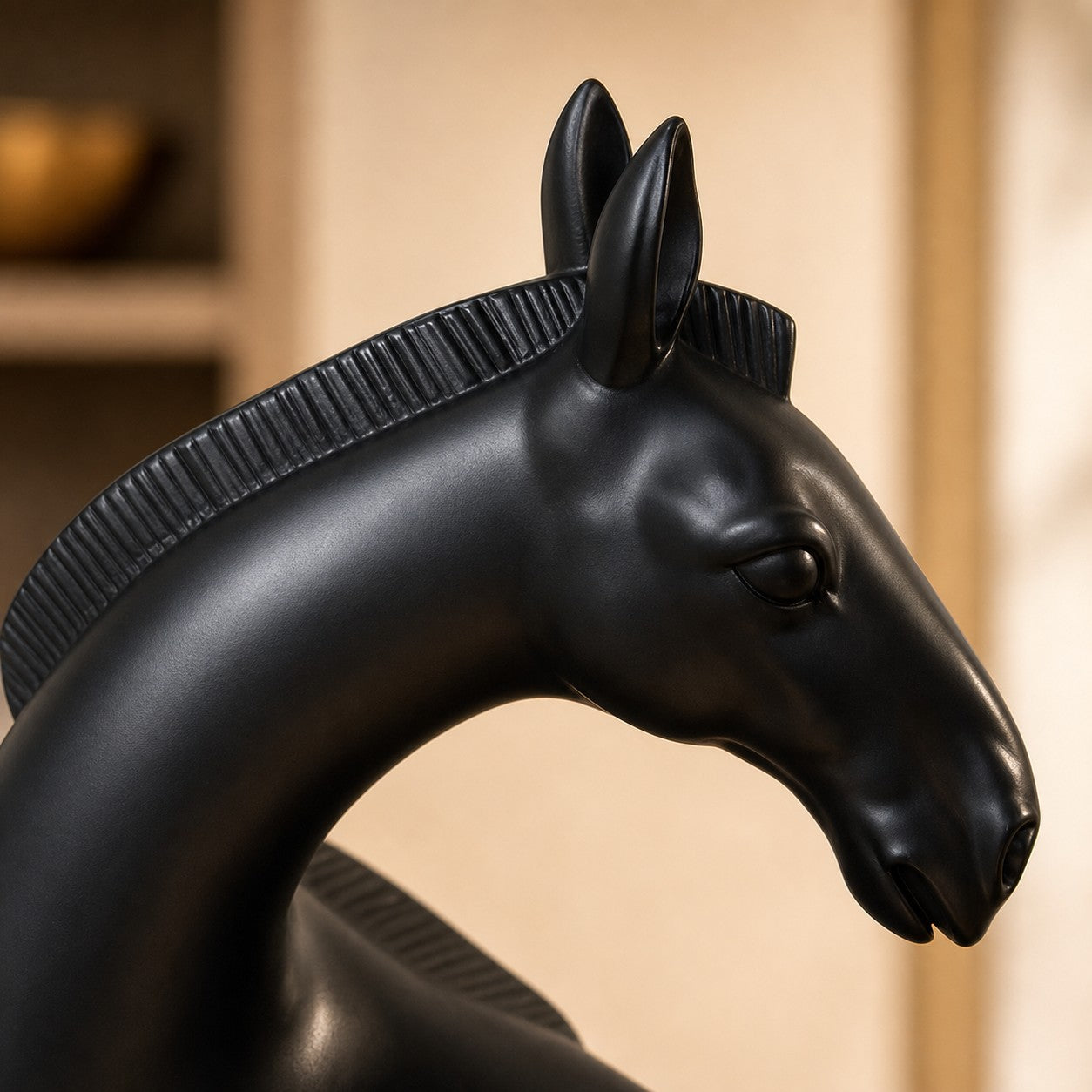 Equora black horse and copper bird sculpture detail