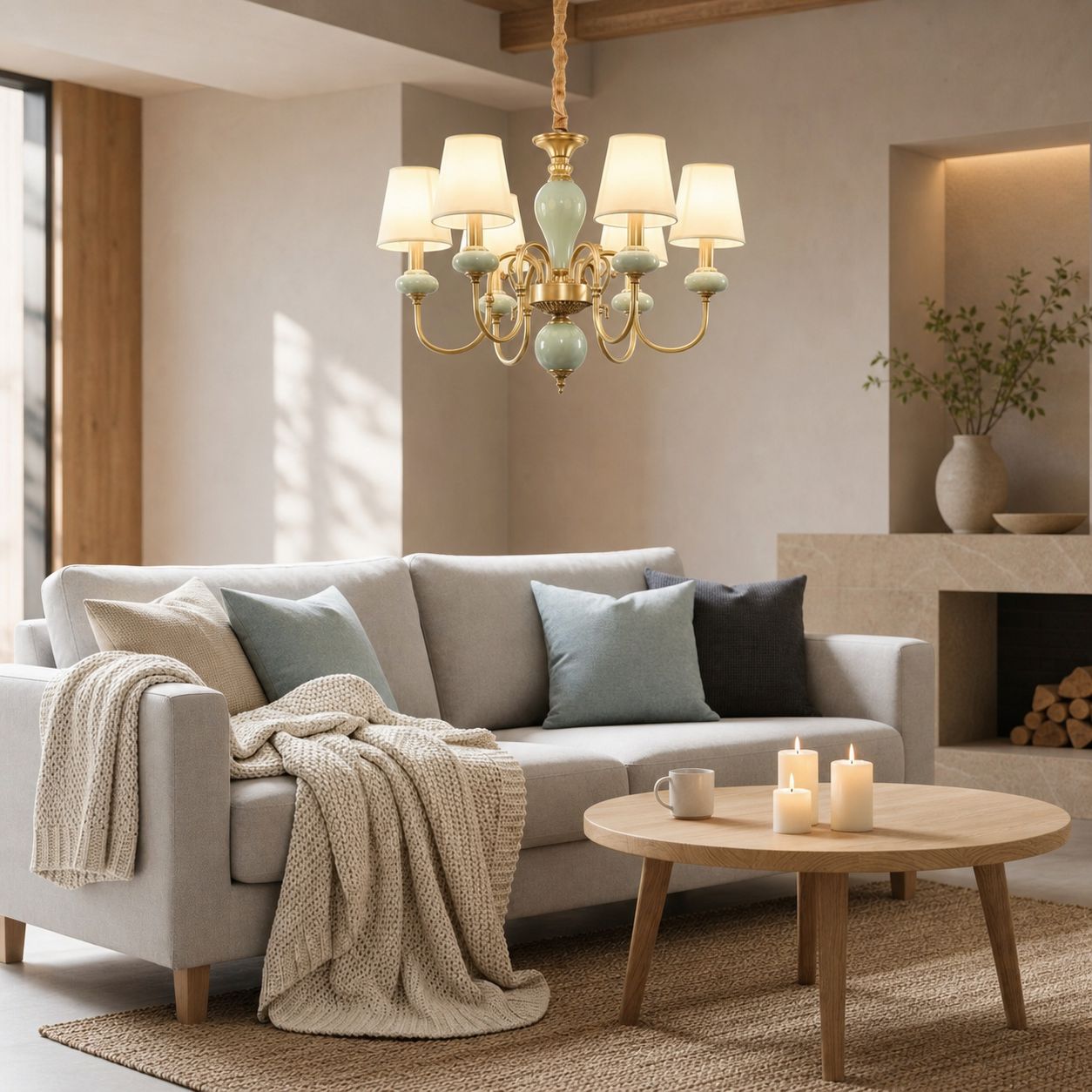 Altoris Series Branch Chandelier with Fabric Shades – Brass Ceramic Chandelier for Living Room