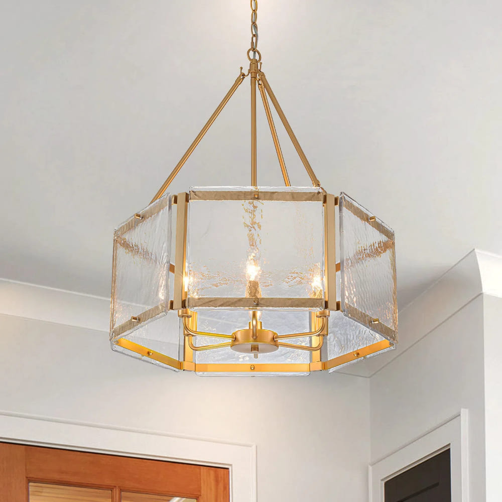Textured Water Ripple Drum Chandelier - 6-Light Glass Pendant Light